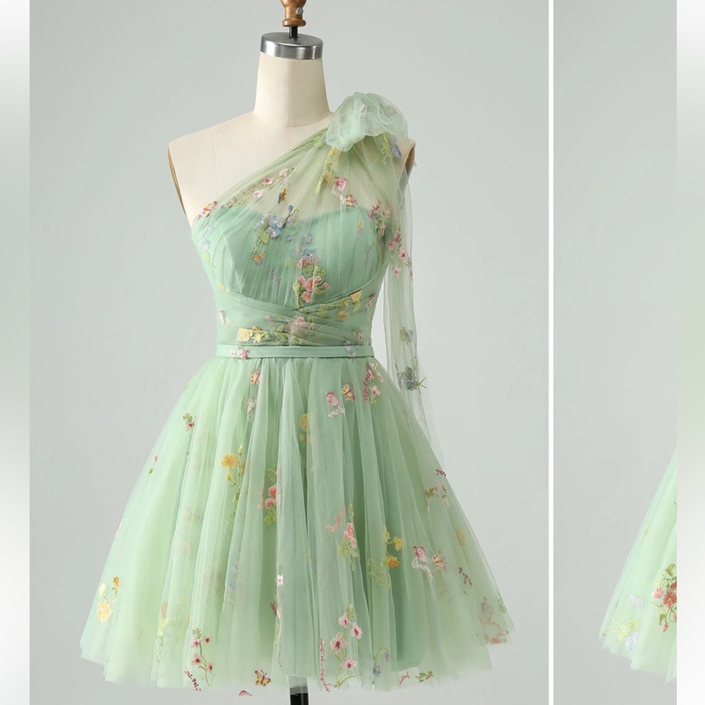 Floral One-Shoulder Green Dress